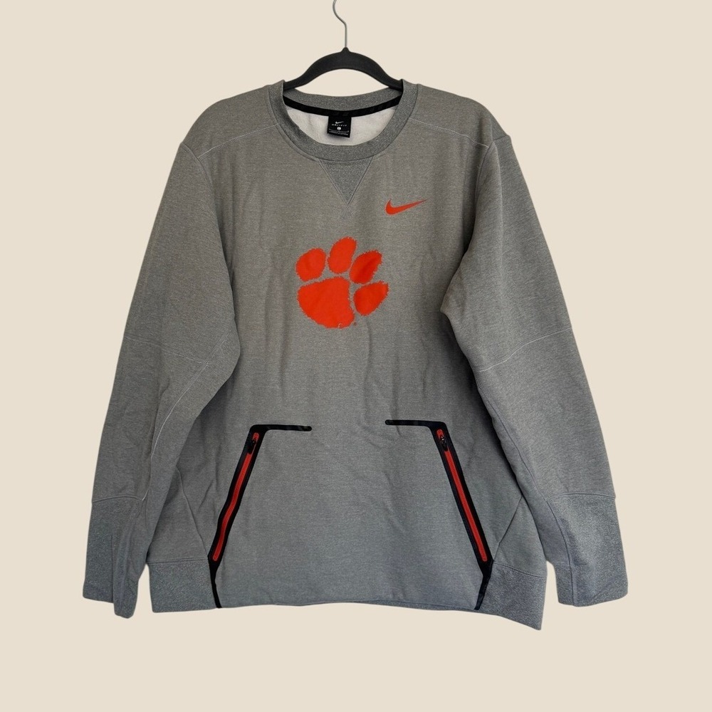 Nike Clemson Tigers Men Large Gray Fleece Sweatshirt Pullover Front Pouch Pocket